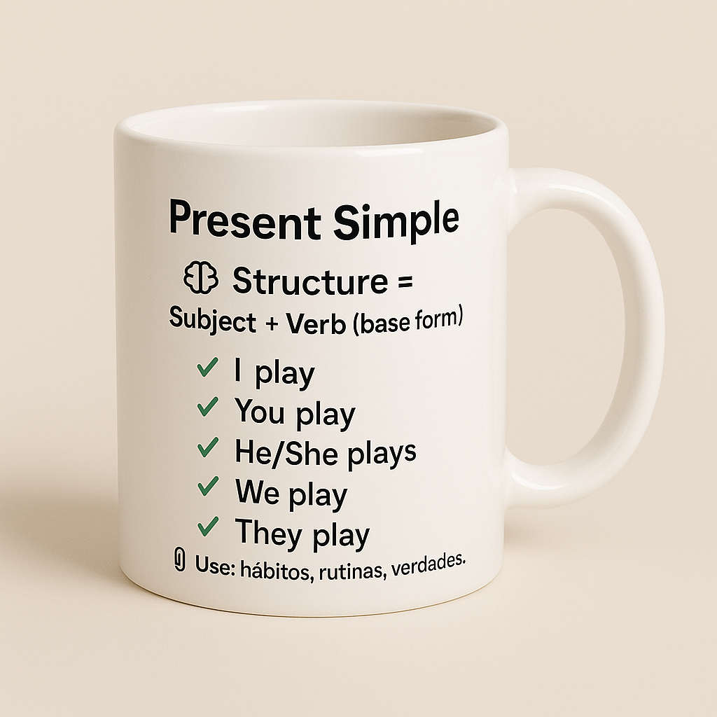 Taza “Present Simple – Aprende inglés con tu café ☕📚”