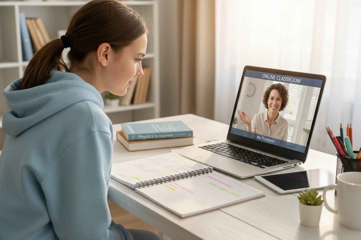 estudiante aprendiendo solo con una profesora via online