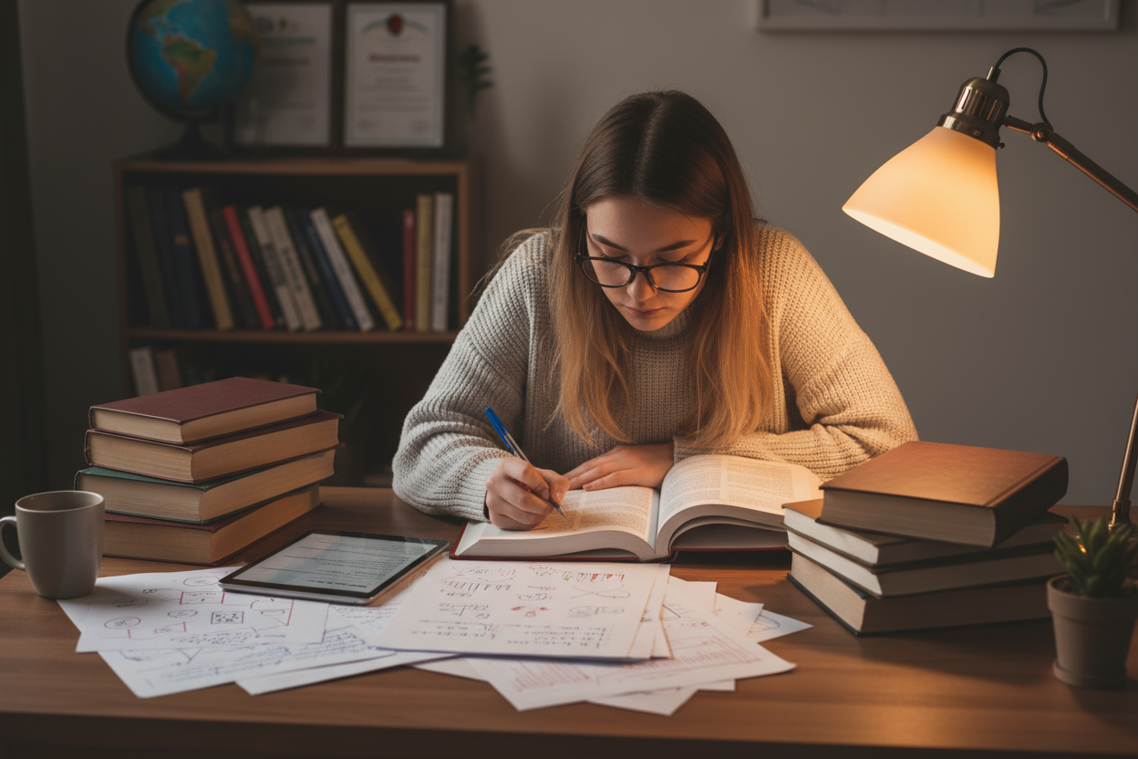 hace una imagen de una alumna estudiando